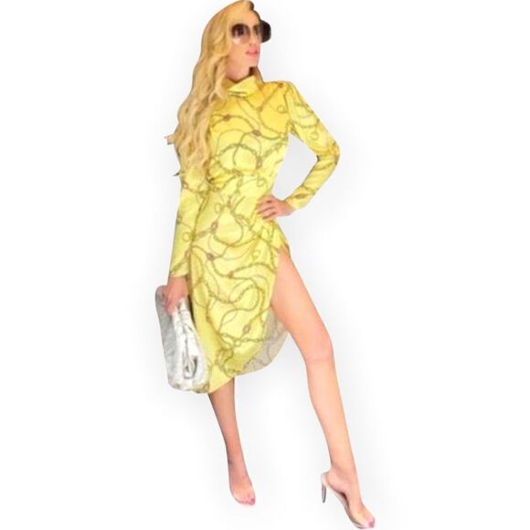 ❤️SOLD❤️Ronny Kobo Collection Kaira Silk Midi Dress Limmul Mock Neck Yellow - Picture 1 of 15